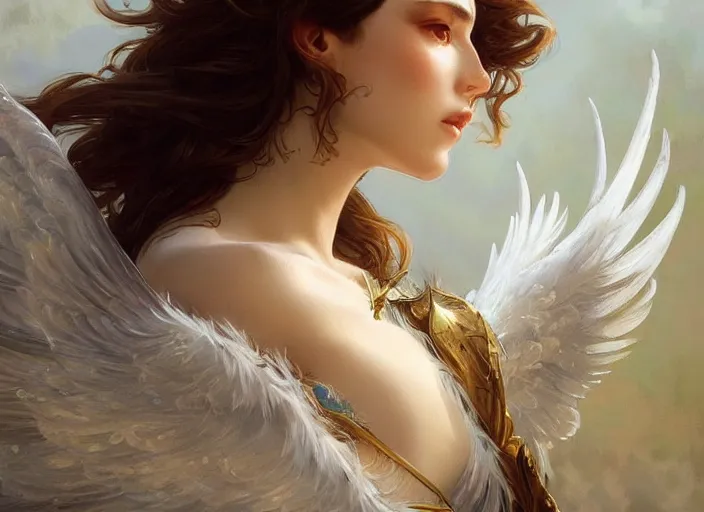 Image similar to a beautiful angel with feathered white wings, d & d, face, fantasy, intricate, elegant, highly detailed, digital painting, artstation, concept art, smooth, sharp focus, illustration, art by artgerm and greg rutkowski and alphonse mucha