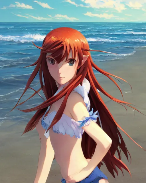 Image similar to an attractive young female elf with long flowing auburn hair, standing on the beach on the ground front facing, looking at camera, blue water, anime. By Makoto Shinkai, Stanley Artgerm Lau, WLOP, Rossdraws, James Jean, Andrei Riabovitchev, Marc Simonetti, krenz cushart, Sakimichan, trending on ArtStation, digital art.