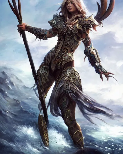 Image similar to game character beautiful sea dragon warrior woman with armor, long hair, holding trident, by Ruan Jia and Gil Elvgren, fullbody