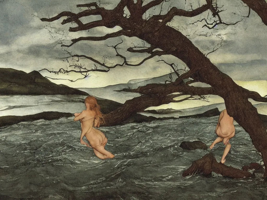 Image similar to Young woman swimming in a turbulent river at sunset. Acacia trees in the wind, blinding lightning strikes. Painting by Lucas Cranach, Andrew Wyeth