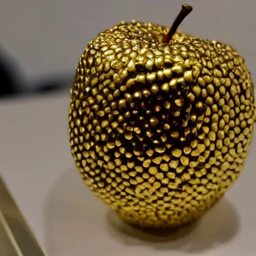 Prompt: A 24 karat gold apple on display at an auction.
