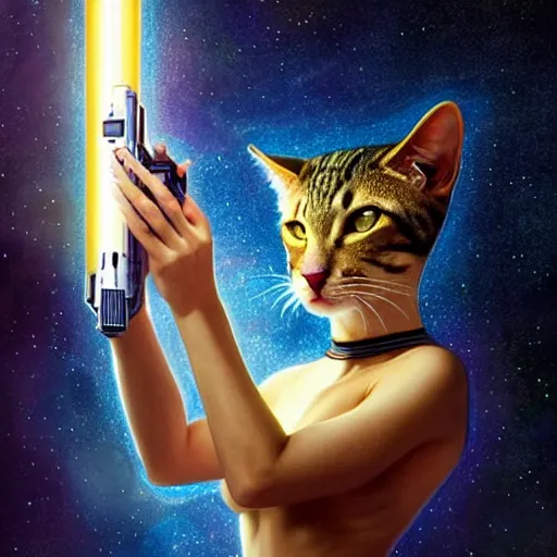 Image similar to a uhd photorealistic portrait of a cosmic feline humanoid starfleet officer holding olding a phaser, fantasy, sharp focus, intricate, sci - fi, artstation, matte, hyperdetailed, concept art, illustration, studio lighting, art by ilya kuvshinov, artgerm, alphonse mucha, amano, and karol bak