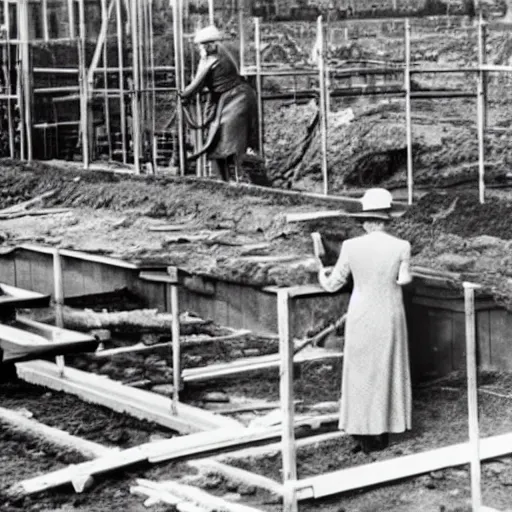 Prompt: Queen Elizabeth working hard on a building site