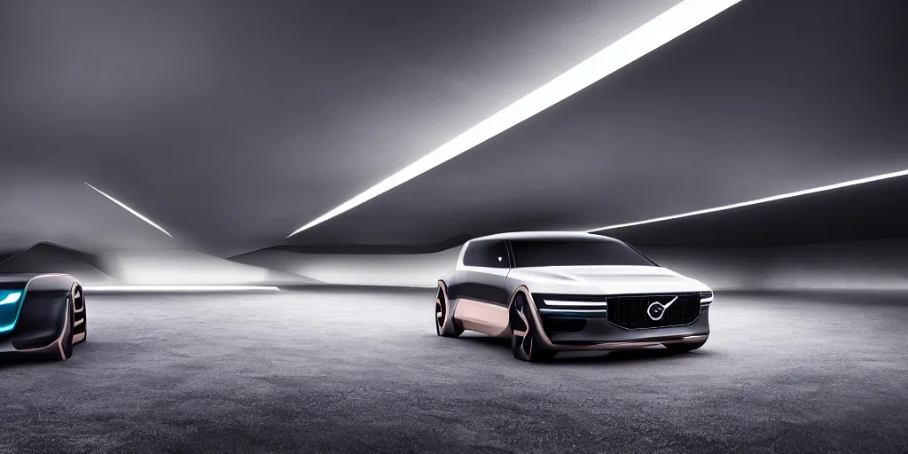 Image similar to a design of a futuristic Volvo, designed by Polestar and DMC, northern lights background, brushed rose gold car paint, black windows, dark show room, dramatic lighting, hyper realistic render, depth of field