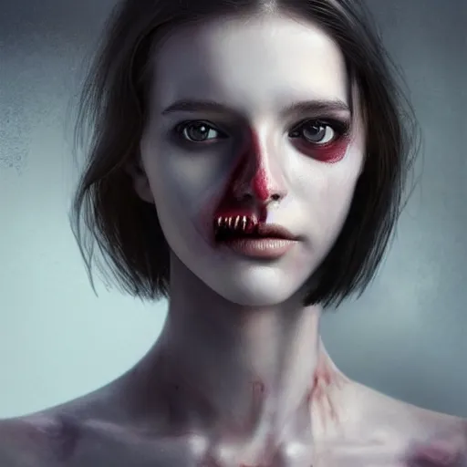 Image similar to high-quality beautifully done centered portrait of a pretty female zombie without a nose and rough pale dirty skin showing a lot of the thin veins underneath, slanted upturned white eyes::trending on artstation, featured on behance::art by Artgerm and Alessio Albi and Heather Theurer::natural lighting, identical eyes, beautiful eyes medium shot, slender symmetrical face and body, hyper-detailed, single face, insanely detailed and intricate