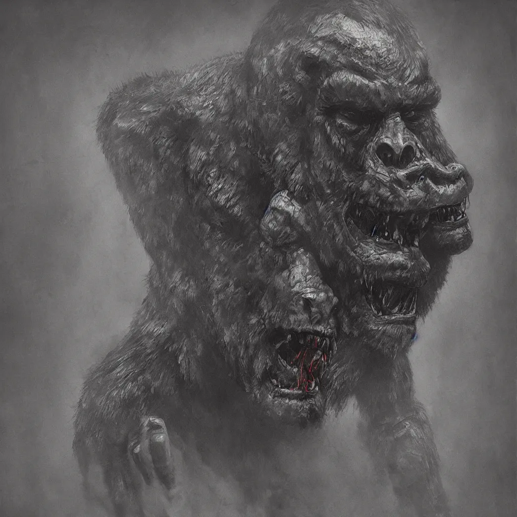 Image similar to demonic gorilla, in the style of zdislaw beksinski