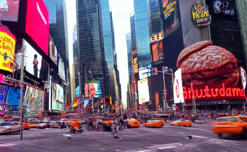 Image similar to a photo of a giant hamburger in the middle of the street in times square,