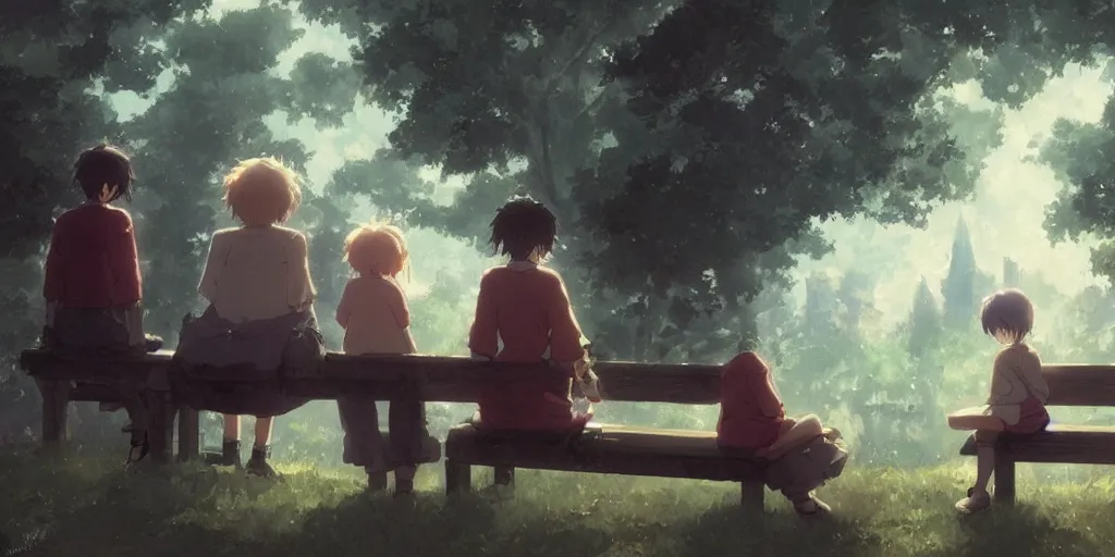 Image similar to a family with sorrow faces sitting on a bench, close up shot, anime art, Greg Rutkowski, studio ghibli, dramatic lighting