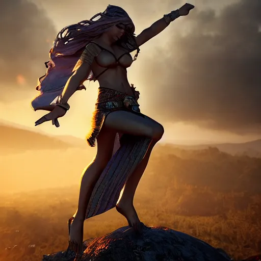 Image similar to powerful godess fighting in a hard battle against evil realistic sunset light rainy award winning, trending on artstation, unreal engine