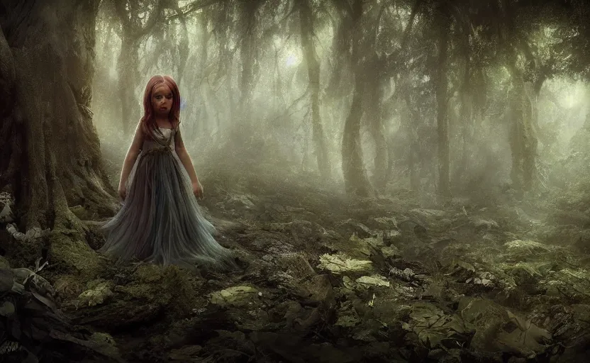 Image similar to A tiny fairy princess, in a dark forest, macro, cool tones, underexposed, overecast, mysterious matte painting by greg rutkowski and marc simonetti and Ivan Shishkin, 4k