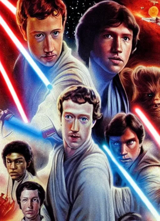 Prompt: Mark Zuckerberg as the protagonist on a Star Wars poster, late 70s, space, scifi