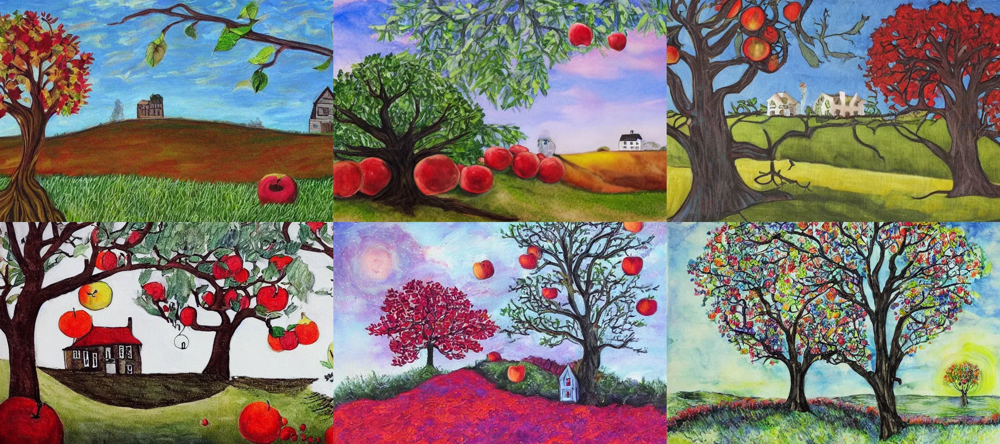 Prompt: dream themed art, tree with apples on hill with colonial house in background