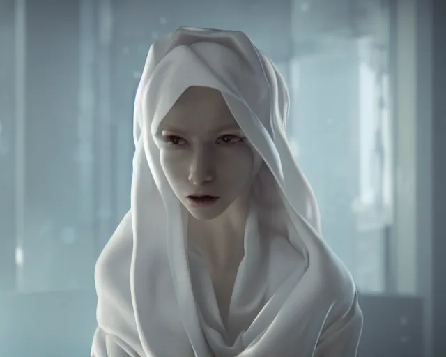 Prompt: a film still of a synthetic female human wrapped in white cloth, in neotokyo, cinematic lighting, high resolution, 4 k