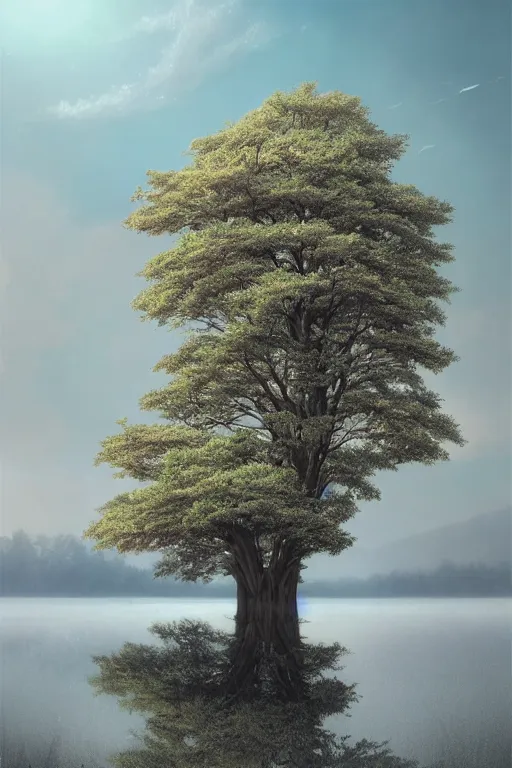 Image similar to vanishing point a single sakura tree upon a lake, viewed from afar, stephen bliss, mist, unreal engine, fantasy art by greg rutkowski, loish, rhads, ferdinand knab, makoto shinkai and lois van baarle, ilya kuvshinov, rossdraws, tom bagshaw, global illumination, radiant light, minimalist, detailed and intricate environment