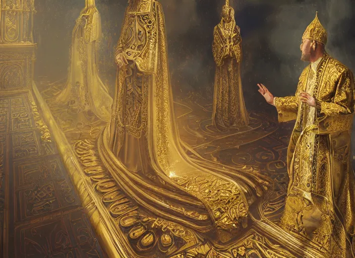 Prompt: worship of the pope, royal robe, gold trim, mysticism, close - up, light effect, hyper detailed, intricate, atmospheric, elegant, photorealistic by paul lehr, marco mazzoni, featured on cgsociety, rococo, whimsical, artstation