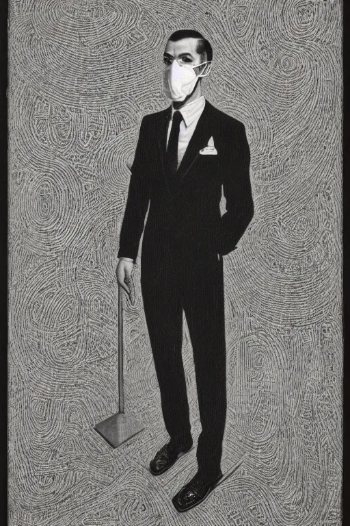 Prompt: portrait of young man wearing black medical mask, suit and tie, style of virgil finlay