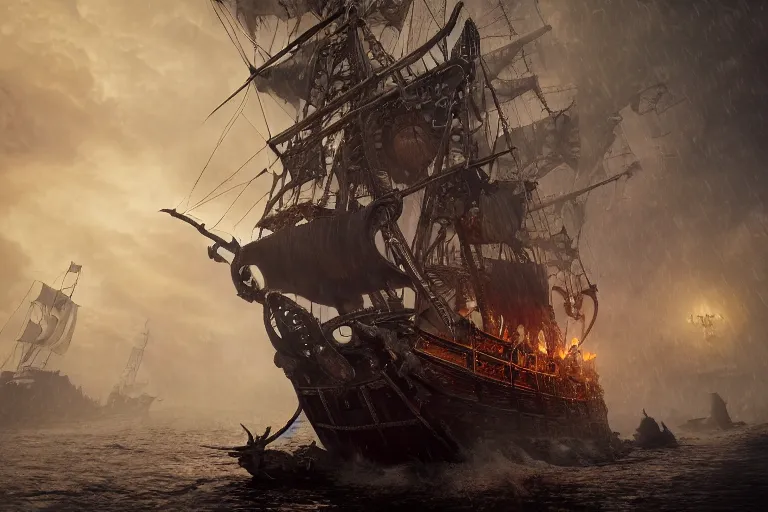 Prompt: a pirate ship with elaborate design driven by skeletons in the middle of a thunderstorm, dark souls inspired, elden ring inspired, octane render, rtx, unreal engine 5, digital painting, trending on artstation, highly detailed, epic composition, 8 k uhd