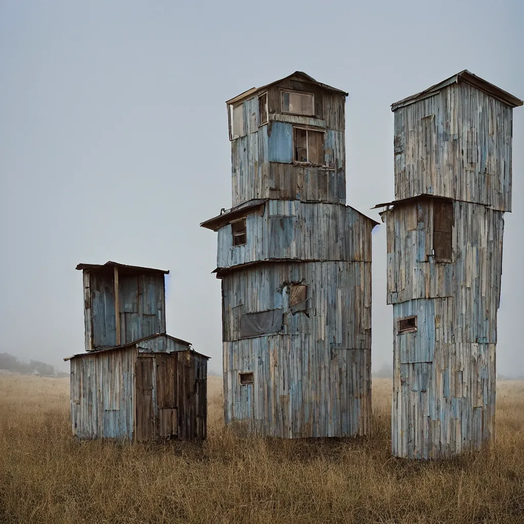 Prompt: two high towers made up of makeshift squatter shacks with faded colours, plain uniform sky at the back, misty, mamiya, ultra sharp, very detailed, photographed by julie blackmon