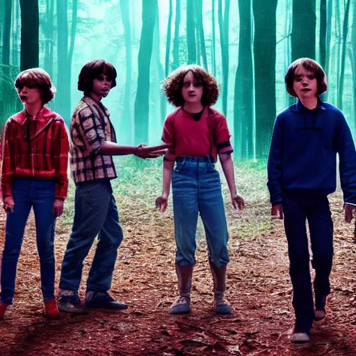 Prompt: Stranger Things cast dancing in a forest, 8k UHD, high quality, studio photo,