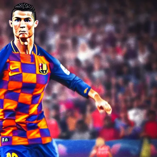 Prompt: cristiano ronaldo sporting a barcelona jersey, 8 k, 4 k uhd, realistic, hyper realistic, super detailed, very detailed, detailed