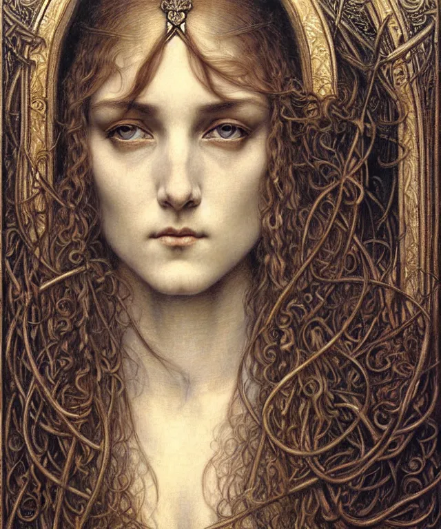 Image similar to detailed realistic beautiful young medieval queen face portrait by jean delville, gustave dore and marco mazzoni, art nouveau, symbolist, visionary, gothic, pre - raphaelite. horizontal symmetry