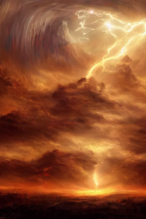 Image similar to breathtaking digital painting of a storm with dozens flying swords of light, in golden clouds in a desert castle, strokes of mist and scarlet ribbons, german romanticism style, volumetric lighting, concept art, matte, sharp focus, art by celestialfang, matchach, juanmao, dustin panzino, trending on artstation