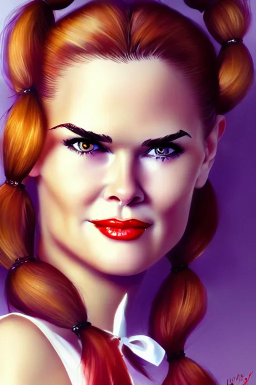 Image similar to mix of beautiful young maria shriver, mariel hemmingway, brooke shields, nicole kidman and elle macpherson as a snake girl with fangs, thin lips, hair tied up in a pony tail, dark blonde hair, colorful, artstation, cgsociety