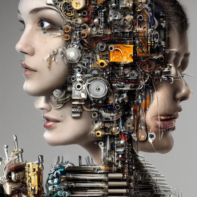 Prompt: profile portrait of a woman, computer parts, mechanical parts, by giuseppe arcimboldo, cyberpunk, futuristic, psychedelic, surreal, sci - fi, dreamlike, fantasy.