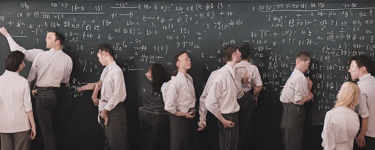 Image similar to mathematicians standing around a chalkboard solving an equation about spaghetti, detailed facial expression, canon 5 0 mm, cinematic lighting, photography, retro, film, kodachrome
