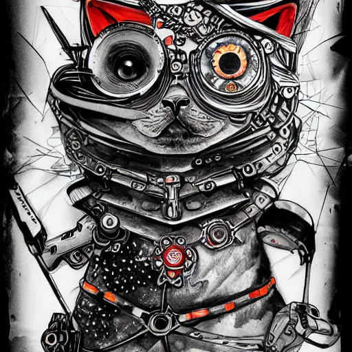 Prompt: trash polka tattoo sketch 2 d cartoon cybernetic kitten and evil unicorn robot, pencil drawing, clear lines, fractals, hard style, elaborate details, black and red, steampunk, background white paper, 4 k, ultra detailed - n 9