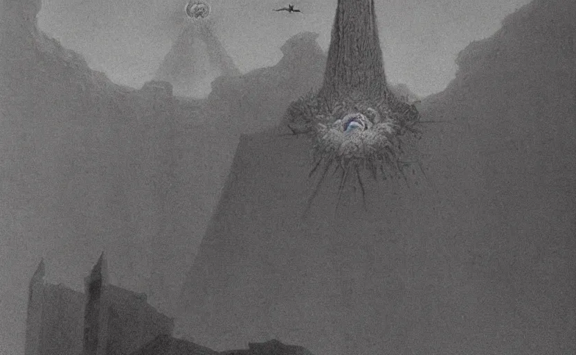 Image similar to close shot of a hellish monolith bursting out of the roof of a cathedral by Zdzisław Beksiński
