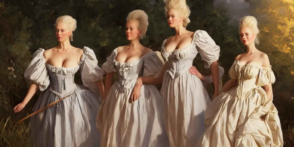 Prompt: three beautiful finnish norwegian scandinavian attractive glamour models as marie antoinette wearing 1 7 th century french off - the - shoulder neckline bodice walking in a field sunset jodhpurs greg manchess painting by sargent and leyendecker, studio ghibli fantasy close - up shot asymmetrical intricate elegant matte painting illustration hearthstone, by greg rutkowski by greg tocchini by james gilleard