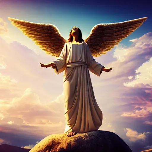 Image similar to gigantic biblical depiction of an angel towering over a vast landscape, cinematic, realistic, geometric white marble body, photorealistic, detailed, gold sky, global illumination, volumetric lighting, god rays, beautiful composition, majestic clouds, soft colors, heavenly lighting