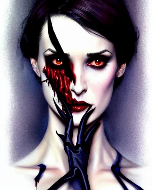 Prompt: gorgeous female Winona Ryder vampire sharp teeth in a confident dress, realistic character concept, medium shot, elegant pose, horror, illustration, slender symmetrical face and body, symmetrical eyes, artstation, cinematic lighting, hyperdetailed, Tom Bagshaw, artgerm, Norman Rockwell, single face, insanely detailed and intricate, beautiful, elegant, dark blue background