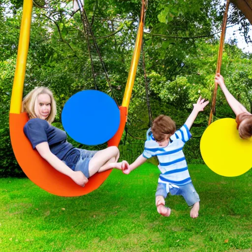 Image similar to family of circle shapes pushing kid on a tree swing, modern cartoon style, bold colors, indigo, mustardy yellow, pea green