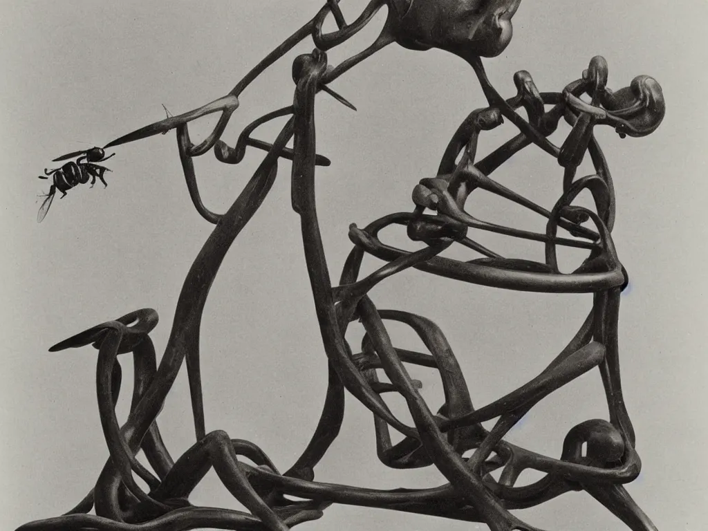 Image similar to flaming brutalist chair with wasp. karl blossfeldt, salvador dali