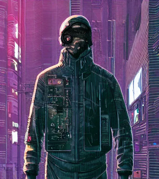 Image similar to a cyberpunk man with multiple digital patchwork faces, techwear, Industrial Scifi, detailed illustration, character portrait, by Martin Grip and Moebius