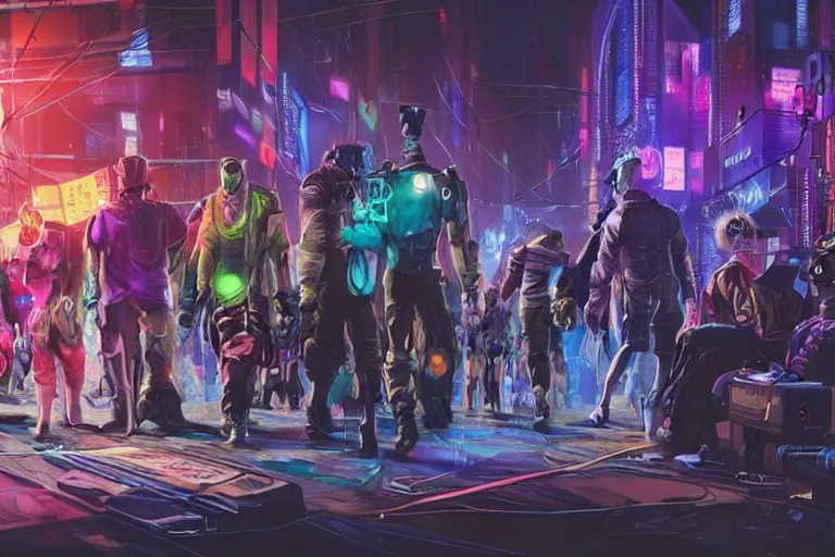 Image similar to high - resolution photograph from a cyberpunk era furry fandom convention ( midwest furfest 2 0 4 7 ), taking place after the genetic revolution and quantum singularity. photorealistic.