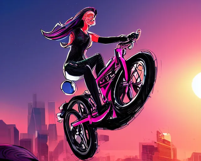 Prompt: intricate illustration of a beautiful woman on a cyberpunk bike doing a jump in front of the sunset, sharp shapes, vibrant colors, risque fashion, action shot, masterpiece