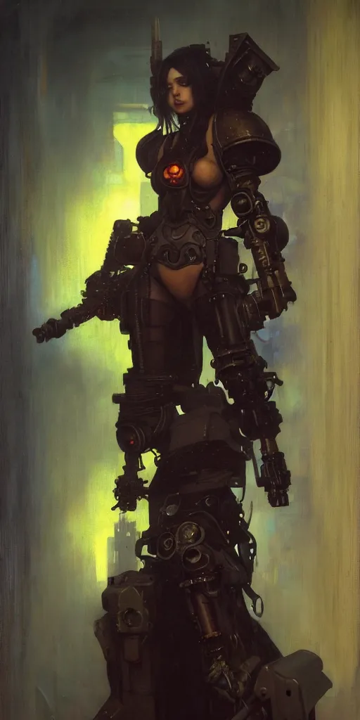 Image similar to full character portrait max mad cyberpunk warhammer 4 0 k, machinist tech girl character design, painting by gaston bussiere, katsuya terada, nc wyeth, greg rutkowski, craig mullins, vermeer, frank frazetta, mucha, tom of finland, trending on artstation, jeffery catherine jones