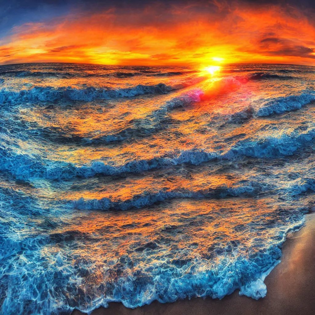 Prompt: vibrant digital art beach city sunset blue waves mountain fisheye lens