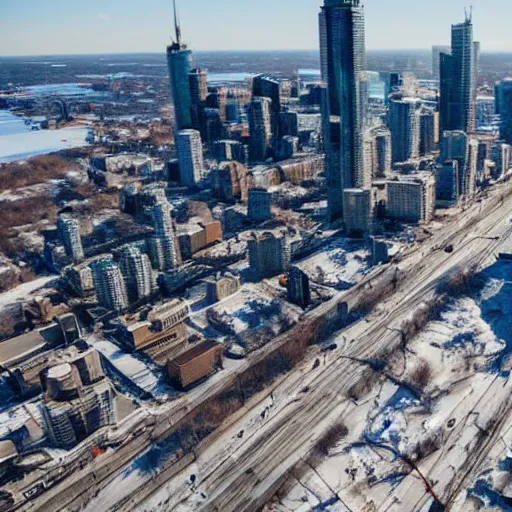 Prompt: Toronto city seen from aerial photo but everything is frozen solid and broken