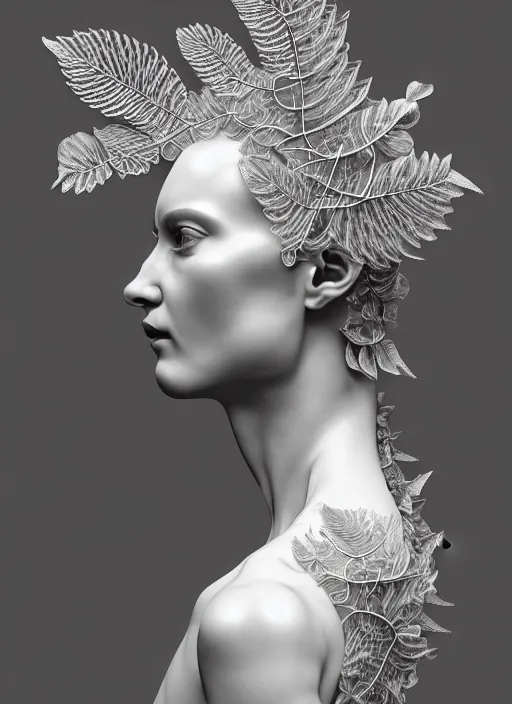 Image similar to complex 3d render ultra detailed of a beautiful porcelain profile woman face, mechanical vegetal cyborg, 150 mm, beautiful studio soft light, rim light, silver details, magnolia big filigran leaves and stems, roots, fine foliage lace, mesh wire, Alexander Mcqueen haute couture, intricate details, hyperrealistic, mandelbrot fractal, anatomical, red lips, silver metal armor, facial muscles, cable wires, microchip, elegant, white background, beautiful white teeth, octane render, H.R. Giger style, 8k