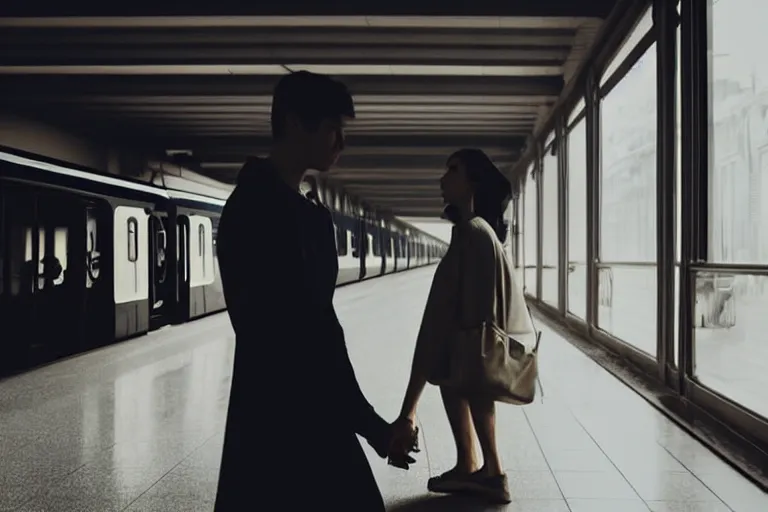 Image similar to vfx movie closeup couple in a train station flat color profile low - key lighting award winning photography cinematography, beautiful natural skin, atmospheric cool color - grade