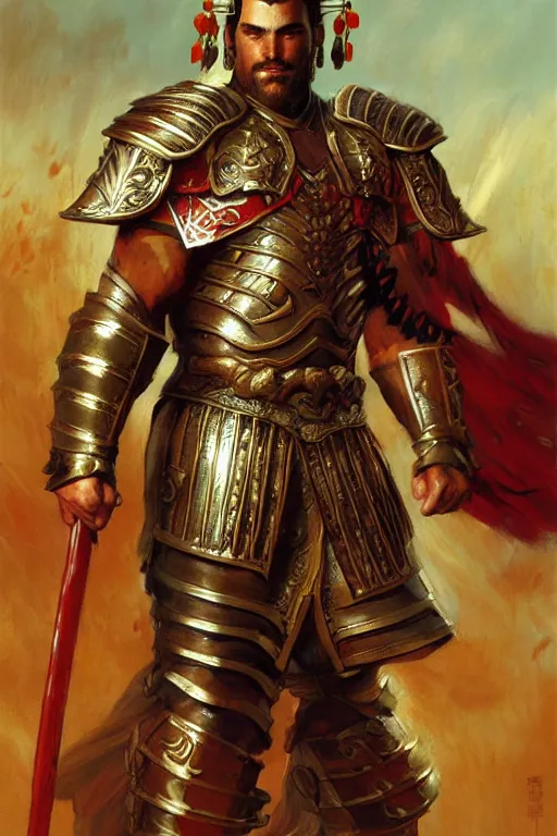 Image similar to attractive beefy male with armor, ancient china, three kingdoms, character design, dynamic lighting, colorful, painting by gaston bussiere, craig mullins, j. c. leyendecker, tom of finland