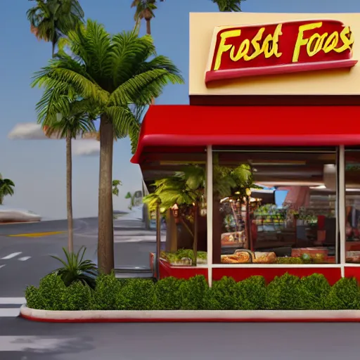 Image similar to fast food restaurant with palm trees, concept art, octane render