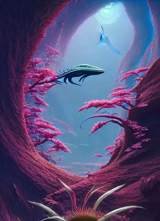 Image similar to photo of an alien fish in the style of roger dean, realistic, sharp focus, 8 k high definition, insanely detailed, intricate, elegant, art by greg rutkowski and artgerm, extreme blur cherry blossoms background