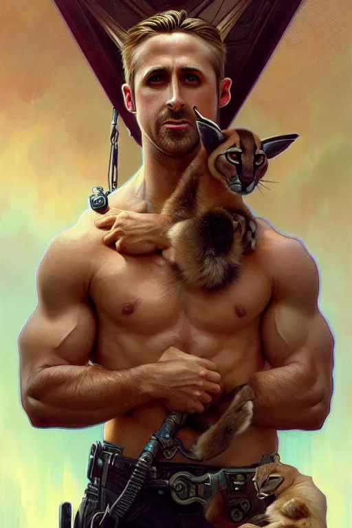 Image similar to Muscular Ryan Gosling holding cute caracal, portrait, sci-fi, fantasy, intricate, elegant, highly detailed, digital painting, artstation, concept art, smooth, sharp focus, illustration, art by artgerm and greg rutkowski and alphonse mucha