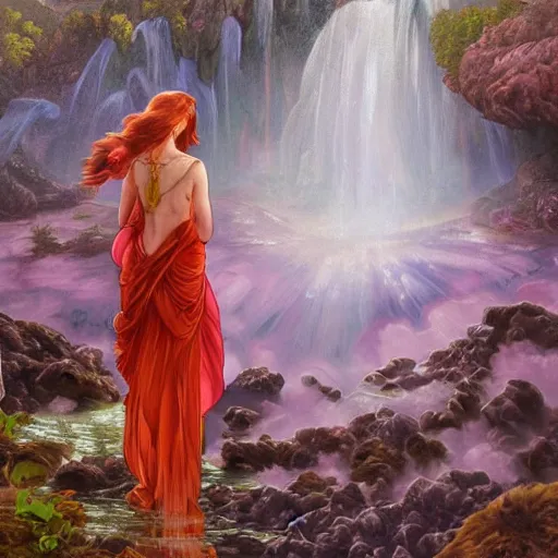 Image similar to a highly detailed byzantine painting of scarlett johansson and emma watson as red haired princesses walking through a waterfall in a gossamer purple dress, epic fantasy, stormy night, viewed in profile from far away, ultrawide lens, art by artgerm and greg rutkowski and alphonse mucha, volumetric lighting, 4 k resolution, trending on artstation, masterpiece