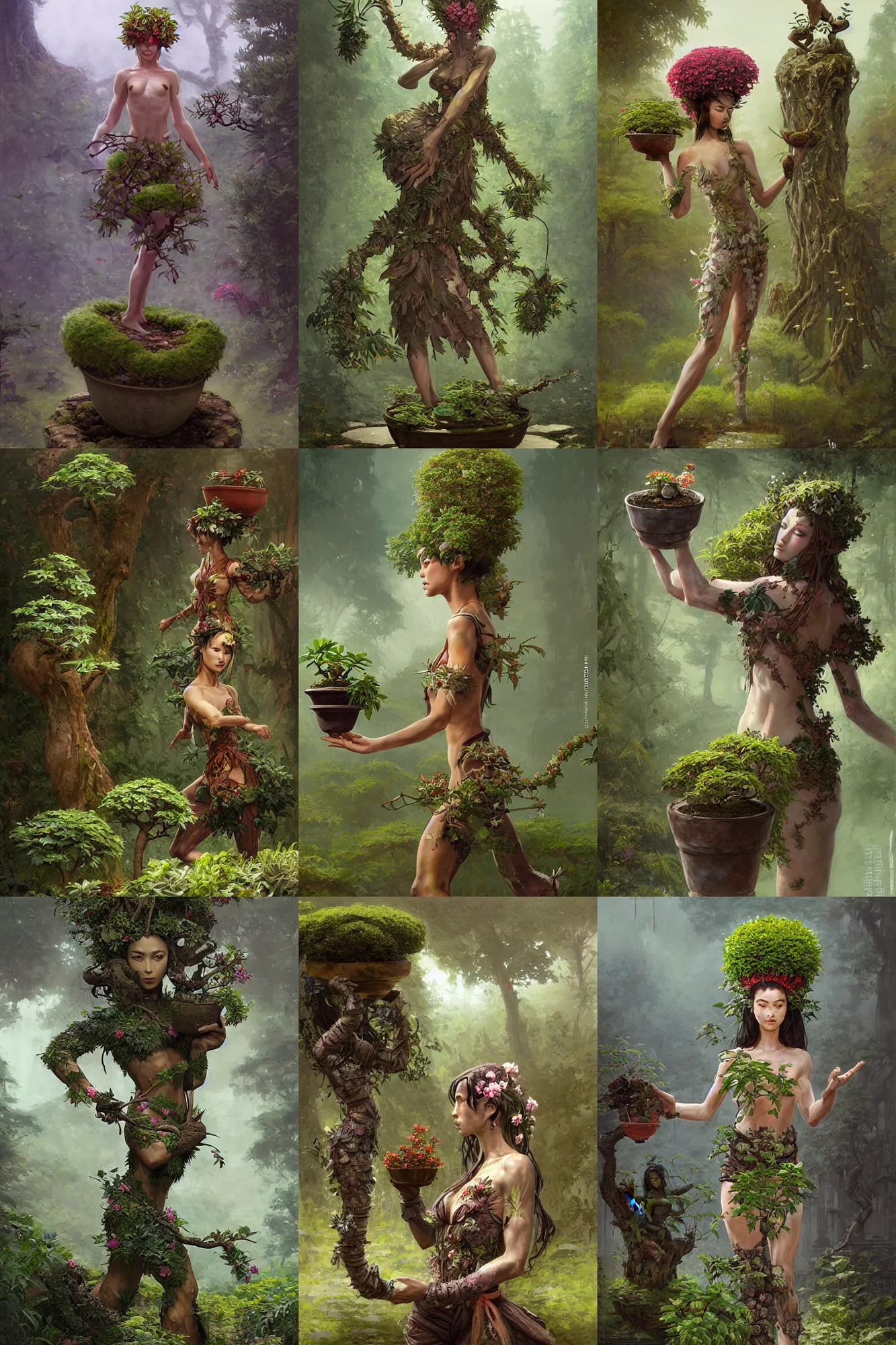 Prompt: martial artist dryad, woman made of plants, holding flowerpot on head, bonsai tree on head, martial arts dojo in background, fantasy character portrait full body concept art, intricate details, by greg rutkowski, ilya kuvshinov, gaston bussiere, craig mullins, simon bisley